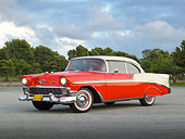 AUT 21 RK3067 01
1956 Chevrolet Bel Air Matador Red And Dune Beige 3/4 Front View On Pavement