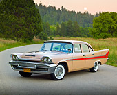 AUT 21 RK3106 01
1958 Desoto Firesweep Autumn Rust And Rose Beige 3/4 Front View On Road By Evergreen Trees