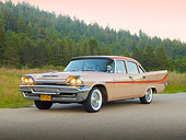 AUT 21 RK3109 01
1958 Desoto Firesweep Autumn Rust And Rose Beige 3/4 Front View On Road By Evergreen Trees
