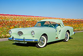 AUT 21 RK3133 01
1954 Kaiser Darrin Pine Tint Green 3/4 Front View On Grass By Field Of Flowers