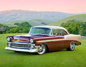 AUT 21 RK3135 01
1956 Chevrolet Bel Air Burgundy And Champagne 3/4 Front View On Grass By Hills