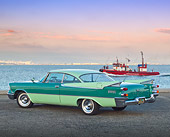 AUT 21 RK3147 01
1959 Dodge Cornonet Green 3/4 Rear View On Pavement By Bay And Boat