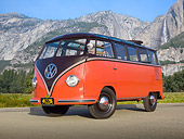 AUT 21 RK3164 01
1954 Volkswagen Deluxe Microbus Sealing Wax Red And Chestnut Brown 3/4 Front View On Pavement By Mountains