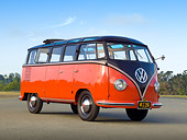 AUT 21 RK3165 01
1954 Volkswagen Deluxe Microbus Sealing Wax Red And Chestnut Brown 3/4 Front View On Pavement By Trees