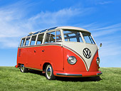 AUT 21 RK3167 01
1959 Volkswagen 23 Window Microbus Sealing Wax Red And White 3/4 Front View On Grass