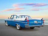 AUT 21 RK3181 01
1957 Dodge Coronet Blue And White 3/4 Rear View On Pavement By Ocean
