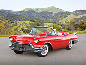 AUT 21 RK3183 01
1957 Cadillac El Dorado Barritz Red 3/4 Front View On Pavement By Hills