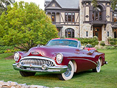 AUT 21 RK3195 01
1953 Buick Skylark Convertible Red 3/4 Front View On Grass By Trees And House