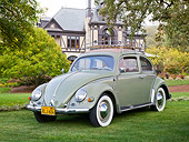 AUT 21 RK3197 01
1956 Volkswagen Beetle Sunroof Sedan Green 3/4 Front View On Grass By House And Trees