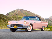AUT 21 RK3198 01
1957 Ford Thunderbird Dusk Rose 3/4 Front View On Pavement By Hills
