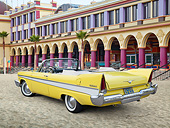 AUT 21 RK3233 01
1957 Plymouth Belvedere Convertible Canary Yellow 3/4 Rear View On Sand By Boardwalk
