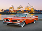 AUT 21 RK3245 01
1959 Pontiac Bonneville Orange 3/4 Front View On Pavement By Shipping Harbor At Dusk