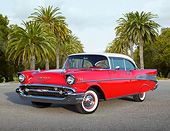 AUT 21 RK3249 01
1957 Chevrolet Bel Air Red With White Top 3/4 Front View On Pavement By Palm Trees