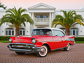 AUT 21 RK3257 01
1957 Chevrolet Bel Air Red With White Top 3/4 Front View On Brick By Mansion