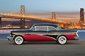 AUT 21 RK3272 01
1956 Buick Special Black And Fuschia Profile View On Pavement By Bay Bridge At Night