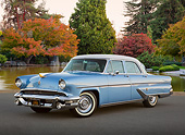 AUT 21 RK3280 01
1955 Lincoln Capri Blue and White 3/4 Front View On Pavement By Pond And Autumn Trees