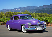 AUT 21 RK3285 01
1950 Mercury Coupe Pearl Purple 3/4 Front View On Pavement By Vineyard