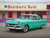 AUT 21 RK3286 01
1956 Plymouth Plaza Green And White 3/4 Front View On Pavement By Bowling Alley