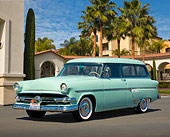AUT 21 RK3290 01
1954 Ford Ranch Wagon Sea Foam Green 3/4 Front View On Pavement By Buildings