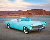 AUT 21 RK3301 01
1956 Lincoln Continental Mark 22 Light Blue 3/4 Front View On Pavement By Lake