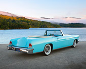 AUT 21 RK3302 01
1956 Lincoln Continental Mark 22 Light Blue 3/4 Rear View On Pavement By Lake
