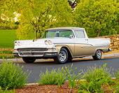 AUT 21 BK0010 01
1958 Ford Ranchero White And Bronze 3/4 Front View On Pavement By Trees