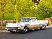 AUT 21 BK0011 01
1958 Ford Ranchero White And Bronze 3/4 Front View On Pavement By Trees