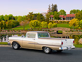 AUT 21 BK0014 01
1958 Ford Ranchero White And Bronze 3/4 Rear View On Pavement By Pond