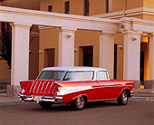 AUT 21 RK0047 06
1957 Chevrolet Nomad Wagon Red And White 3/4 Rear View On Pavement