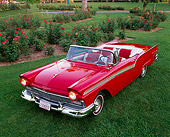 AUT 21 RK0060 02
1957 Ford Fairlane Convertible Red Overhead 3/4 Front On Grass Lights On