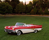 AUT 21 RK0062 04
1958 Ford Fairlane 500 Skyliner Retractable Red & White 3/4 Front View On Grass By Trees