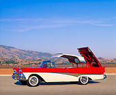 AUT 21 RK0070 02
1958 Ford Fairlane 500 Skyliner Retractable Red & White 3/4 Front View Top And Trunk Open
