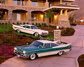 AUT 21 RK0097 06
1959 DeSoto White & Green, Dodge Lancer White 3/4 Side View On Driveway At Night