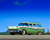 AUT 21 RK0237 04
1957 Ford Station Wagon Green And White Low 3/4 Side View On Pavement