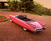 AUT 21 RK0259 04
1959 Cadillac Convertible Pink Overhead 3/4 Rear On Brick Driveway At Dusk