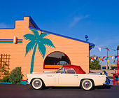 AUT 21 RK0367 12
1956 Ford White T-Bird With Red Top Side View By Palm Tree On Side Of Building Blue Sky