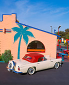 AUT 21 RK0371 05
1956 Ford White T-Bird With Red Top Overhead 3/4 Rear By Palm Tree On Side Of Building Blue Sky