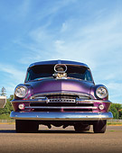 AUT 21 RK0458 02
1954 Plymouth Savoy Custom Purple Low Head On Shot On Pavement Blue Sky