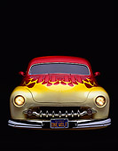 AUT 21 RK0536 07
1950 Mercury Custom Street Rod Red Yellow Flames Head On Studio