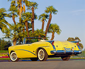 AUT 21 RK0661 05
1954 Buick Skylark Model 100 Convertible Yellow Low 3/4 Rear View On Pavement By Palm Trees Blue Sky