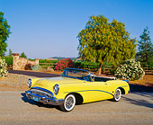 AUT 21 RK0667 10
1954 Buick Skylark Model 100 Convertible Yellow 3/4 Front View On Pavement by Trees And Flower Bush Blue Sky