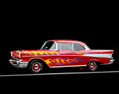 AUT 21 RK0715 01
1957 Chevy Bel Air Red With Flames 3/4 Side View On Red And Yellow Lines Headlights On Studio