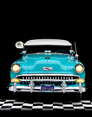 AUT 21 RK0762 07
1954 Chevrolet Bel Air Turquoise Head On Shot Headlights On Checkerboard Floor Studio