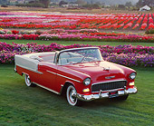 AUT 21 RK0775 05
1955 Chevrolet Bel Air Convertible Red And White Front 3/4 View On Grass By Field Of Flowers