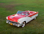 AUT 21 RK0823 05
1956 Ford Fairlane Sunliner Convertible Red & White Overhead 3/4 Front View On Grass