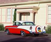 AUT 21 RK0834 04
1956 Chevy Bel Air Red And White 3/4 Rear View On Pavement In Front Of House