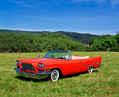 AUT 21 RK0906 05
1957 Chrysler 300 C Convertible Gougan Red 3/4 Front View On Grass