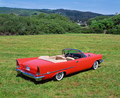 AUT 21 RK0907 05
1957 Chrysler 300 C Convertible Gougan Red Overhead 3/4 Rear View On Grass Trees Blue Sky