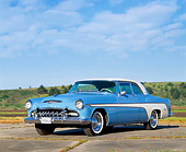 AUT 21 RK0908 09
1955 Desoto 2 Door Hardtop Blue And White Low 3/4 Front View On Pavement Blue Sky