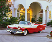 AUT 21 RK1107 08
1957 Ford Fairlane 500 Convertible 3/4 Red/White Front 3/4 View On Driveway By House